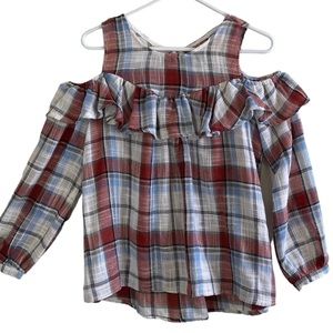 Doe & Rae Womens Top M Blouse Cold Shoulder Plaid Ruffle Cotton Boho Smock